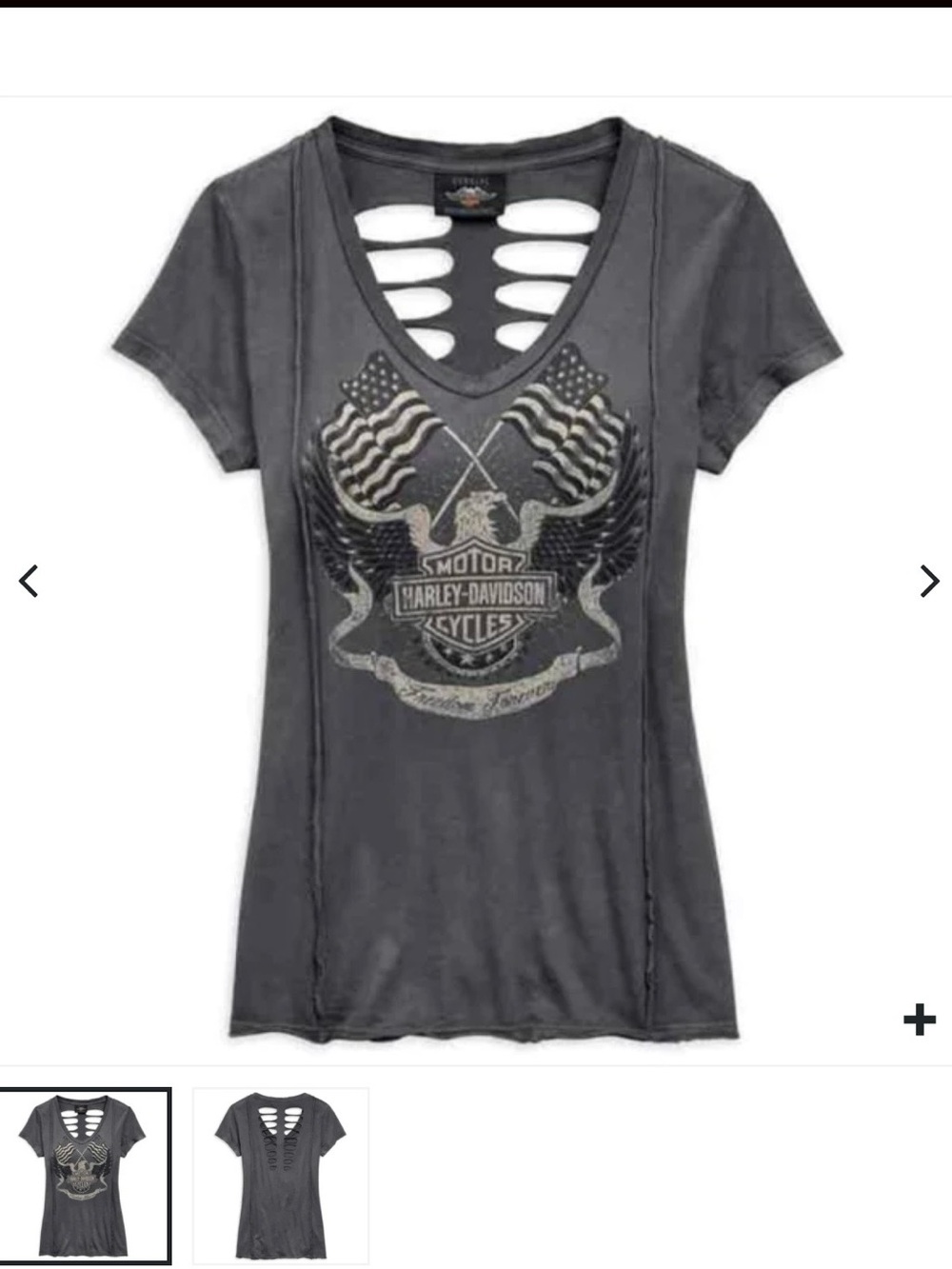 NWT Harley-Davidson Charcoal Gray Cutout V‑Neck Flag Graphic Tee Size L